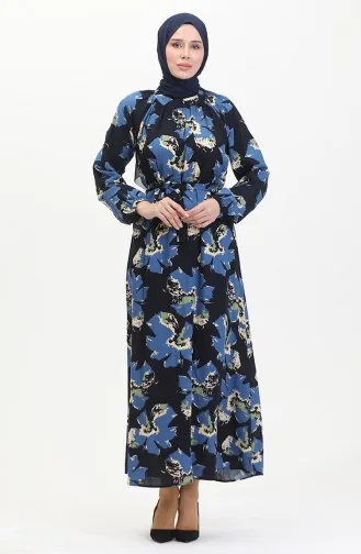 Jurk Met Raglanmouwen En Riem En Patroon 0476-03 Indigo 0476-03