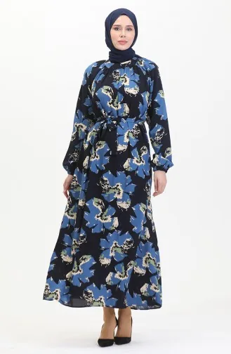 Jurk Met Raglanmouwen En Riem En Patroon 0476-03 Indigo 0476-03