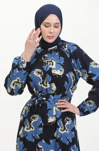 Jurk Met Raglanmouwen En Riem En Patroon 0476-03 Indigo 0476-03