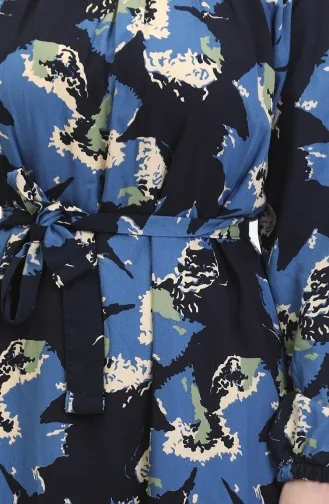 Jurk Met Raglanmouwen En Riem En Patroon 0476-03 Indigo 0476-03