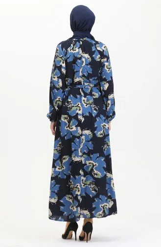 Jurk Met Raglanmouwen En Riem En Patroon 0476-03 Indigo 0476-03