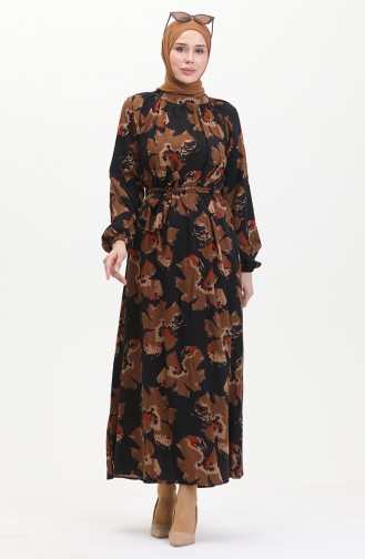 Robe à Motifs Avec Ceinture Et Manches Raglan 0476-06 Marron 0476-06