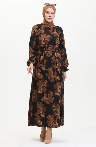 Reglan Kol Desenli Kuşaklı Elbise 0476-06 Kahverengi