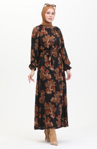 Robe à Motifs Avec Ceinture Et Manches Raglan 0476-06 Marron 0476-06
