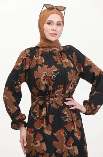 Reglan Kol Desenli Kuşaklı Elbise 0476-06 Kahverengi