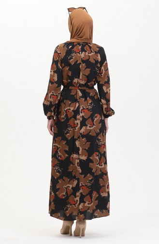 Robe à Motifs Avec Ceinture Et Manches Raglan 0476-06 Marron 0476-06