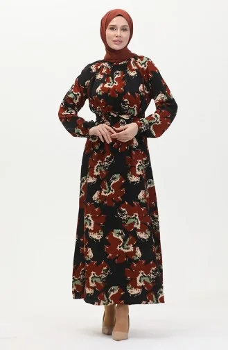 Raglan Sleeve Patterned Belted Dress 0476-01 Brick 0476-01