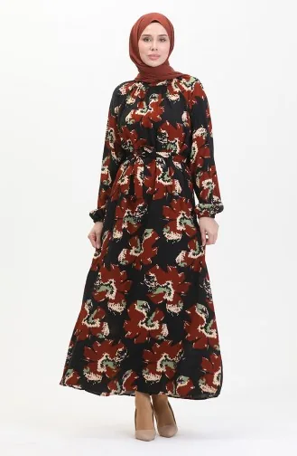 Raglan Sleeve Patterned Belted Dress 0476-01 Brick 0476-01