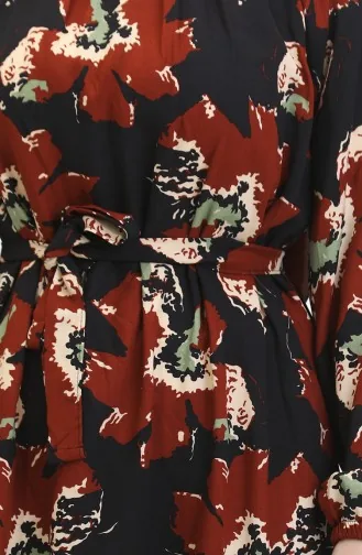 Raglan Sleeve Patterned Belted Dress 0476-01 Brick 0476-01