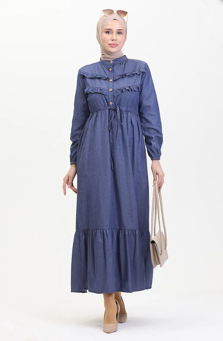 Front Ruffle Denim Dress 0486-02 Navy Blue 0486-02
