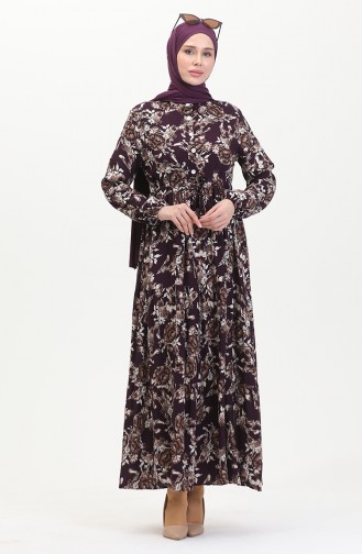 Desenli Viskon Elbise 0489-01 Mor
