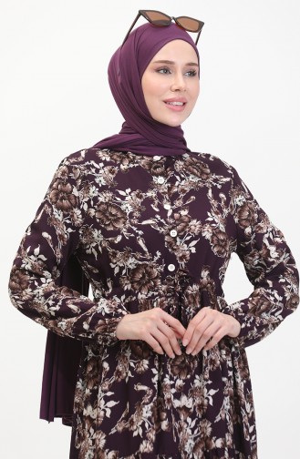 Desenli Viskon Elbise 0489-01 Mor
