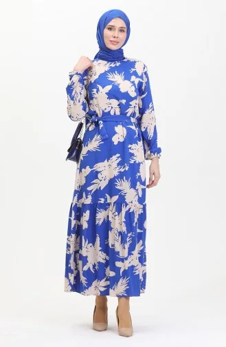 Patterned Belted Dress 0444-06 Saxe Beige 0444-06