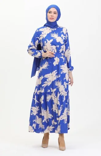 Patterned Belted Dress 0444-06 Saxe Beige 0444-06