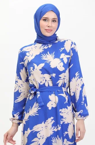 Patterned Belted Dress 0444-06 Saxe Beige 0444-06