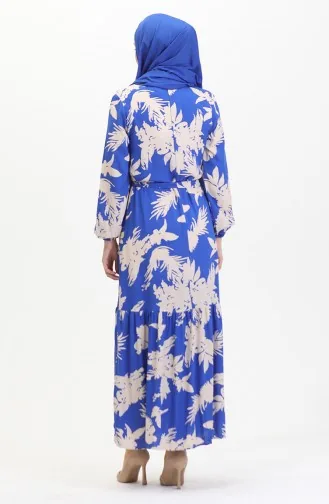 Patterned Belted Dress 0444-06 Saxe Beige 0444-06