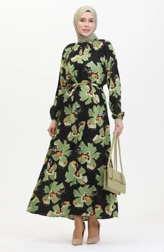 Robe A Motifs Ceinturée Manches Raglan 0476-02 Vert 0476-02