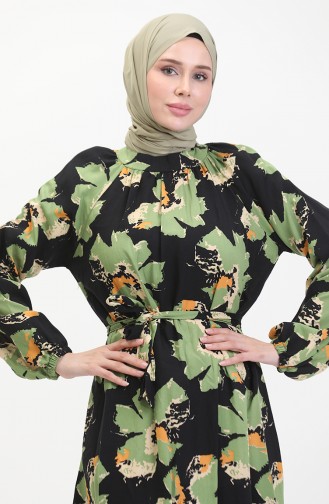 Reglan Kol Desenli Kuşaklı Elbise 0476-02 Yeşil