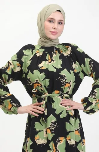 Robe A Motifs Ceinturée Manches Raglan 0476-02 Vert 0476-02