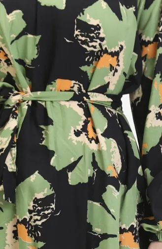 Robe A Motifs Ceinturée Manches Raglan 0476-02 Vert 0476-02