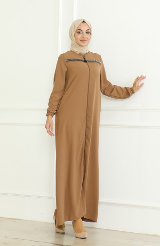 Elastic Sleeve Zippered Abaya 0475-01 Brown 0475-01