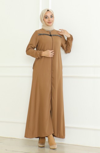 Elastic Sleeve Zippered Abaya 0475-01 Brown 0475-01
