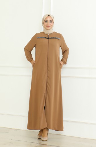 Elastic Sleeve Zippered Abaya 0475-01 Brown 0475-01