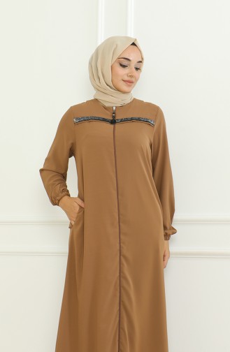 Elastic Sleeve Zippered Abaya 0475-01 Brown 0475-01