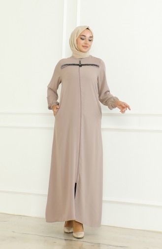 Elastic Sleeve Zippered Abaya 0475-05 Light Rose 0475-05