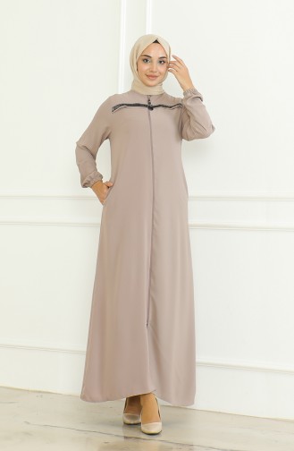 Elastic Sleeve Zippered Abaya 0475-05 Light Rose 0475-05