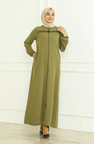 Elastic Sleeve Zippered Abaya 0475-06 Khaki 0475-06