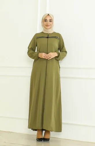 Elastic Sleeve Zippered Abaya 0475-06 Khaki 0475-06