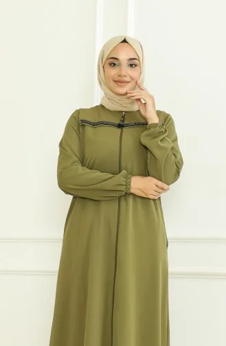 Elastic Sleeve Zippered Abaya 0475-06 Khaki 0475-06