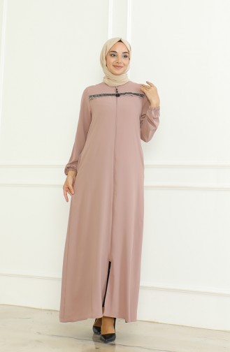 Elastic Sleeve Zippered Abaya 0475-08 Mink 0475-08