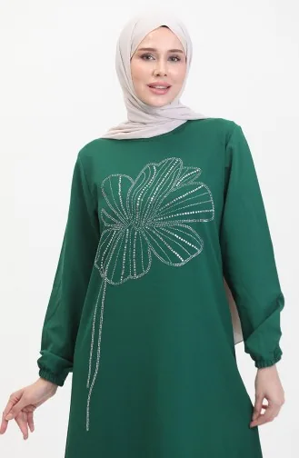 Taşlı Krep Abiye Elbise 0481-05 Zümrüt Yeşili