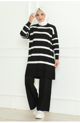 Ensemble Tricot Elégant à Rayures 153-01 Noir 153-01