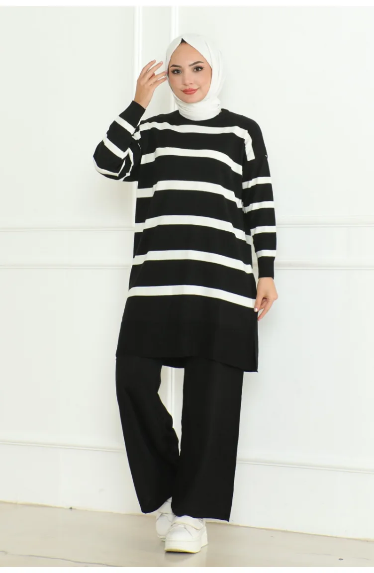 Ensemble Tricot Elégant à Rayures 153-01 Noir 153-01