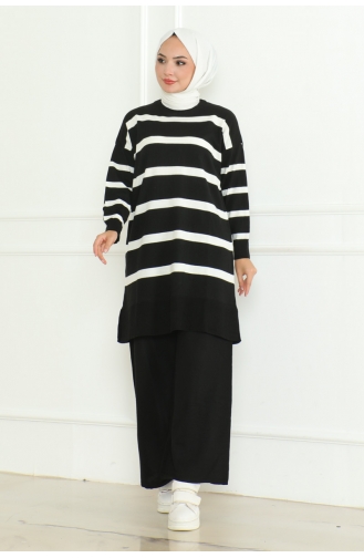 Ensemble Tricot Elégant à Rayures 153-01 Noir 153-01