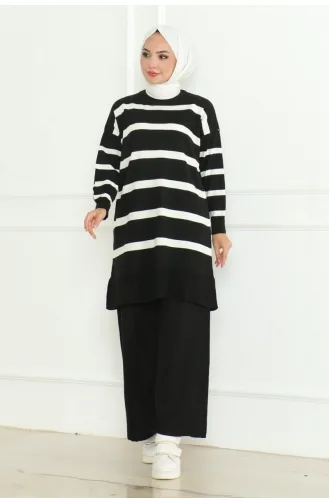 Ensemble Tricot Elégant à Rayures 153-01 Noir 153-01