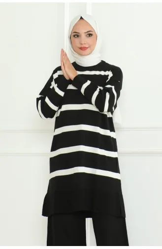 Ensemble Tricot Elégant à Rayures 153-01 Noir 153-01