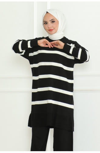 Ensemble Tricot Elégant à Rayures 153-01 Noir 153-01
