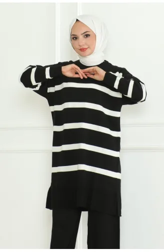 Ensemble Tricot Elégant à Rayures 153-01 Noir 153-01