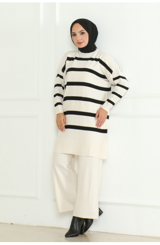 Ensemble Tricot Elégant à Rayures 153-02 Ecru 153-02