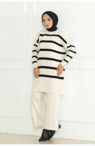 Striped Stylish Knitwear Suit 153-02 Ecru 153-02