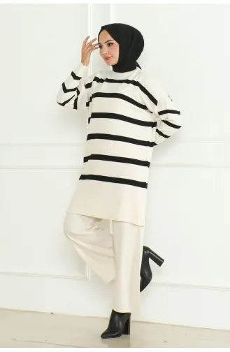 Striped Stylish Knitwear Suit 153-02 Ecru 153-02