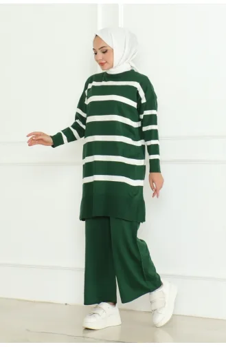 Striped Stylish Knitwear Suit 153-03 Emerald Green 153-03