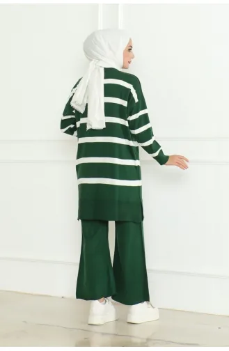 Striped Stylish Knitwear Suit 153-03 Emerald Green 153-03