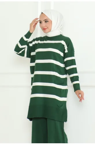 Striped Stylish Knitwear Suit 153-03 Emerald Green 153-03