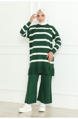 Ensemble Tricot Elégant à Rayures 153-03 Vert Emeraude 153-03