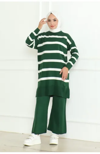 Striped Stylish Knitwear Suit 153-03 Emerald Green 153-03